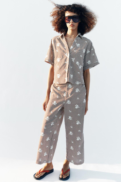 ZARA РУБАШКА В КЛЕТКУ С ВЫШИВКОЙ, КОРИЧНЕВЫЙ/ЭКРЮ