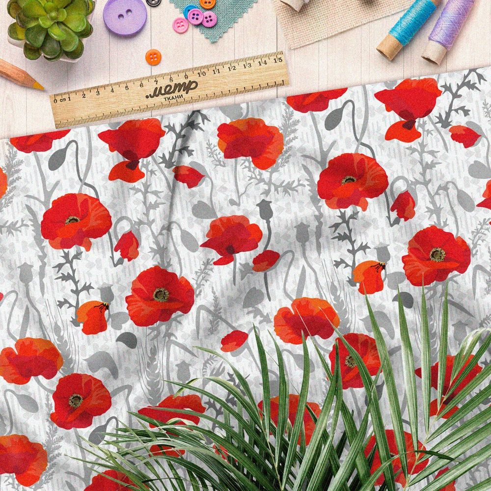 Ткань габардин красные маки и серые стебли