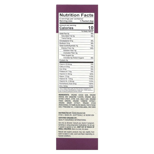 BareOrganics, Immunity, Superfood Water Enhancer, органический апельсин и мандарин, 5 пакетиков в стиках по 6 г (0,21 унции)