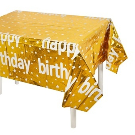 Скатерть одноразовая, Happy Birthday (конфетти), Золото, Металлик, 137*183 см.