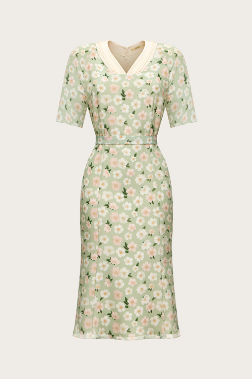 Платье-миди из зеленого шелка с авторским принтом