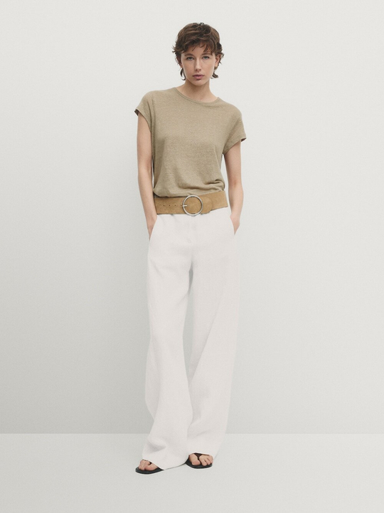 Massimo Dutti Футболка из 100% льна с коротким рукавом, бежевый