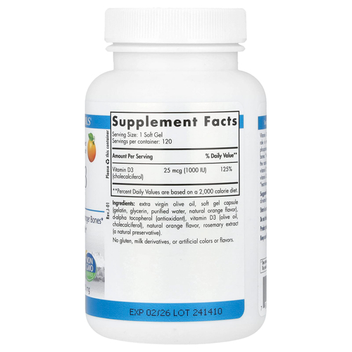 Nordic Naturals, Витамин D3, апельсин, 25 мкг (1000 МЕ), 120 мягких таблеток