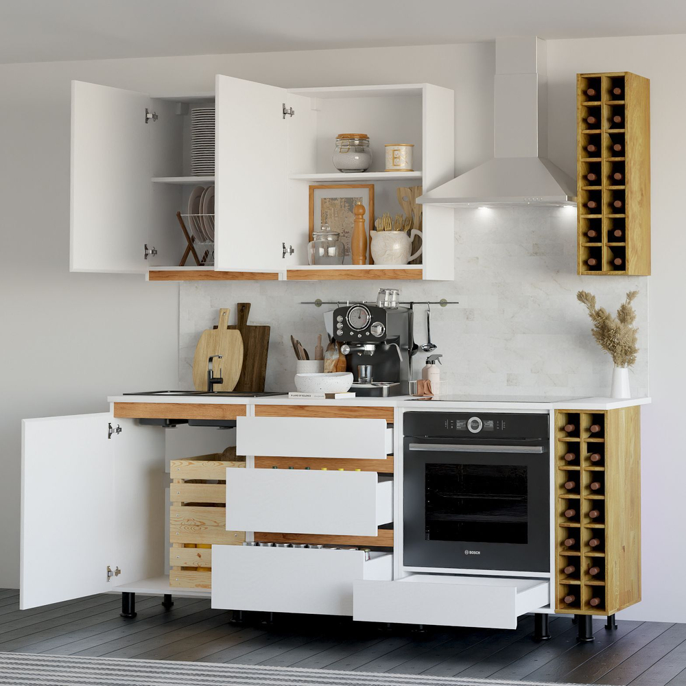 Кухня Валенсия 200 см со столешницей (7 модулей) / белый ЛДСП, массив дуба