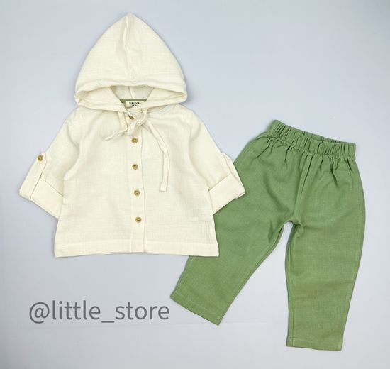 Комплект муслиновый с брючками, Зеленый/Молочный