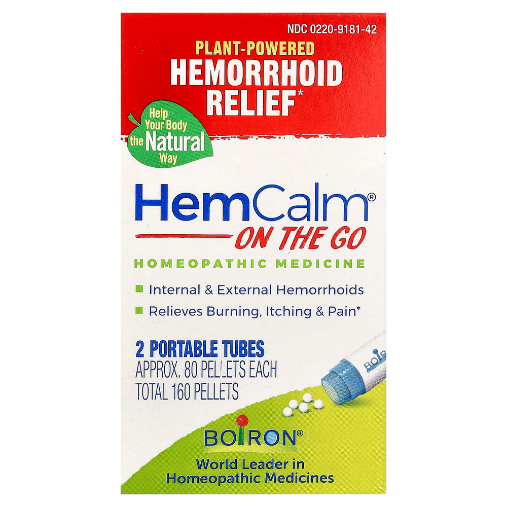 Boiron, HemCalm® On The Go, средство для облегчения симптомов геморроя, 2 переносных тюбика, прибл. 80 гранул в 1