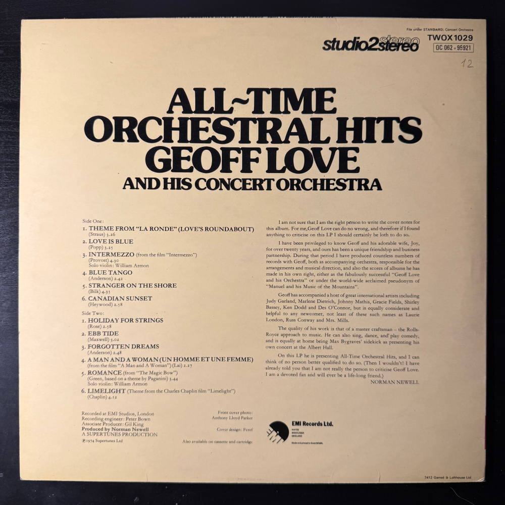Geoff Love And His Concert Orchestra – All-Time Orchestral Hits (Англия 1974г.) Promo
