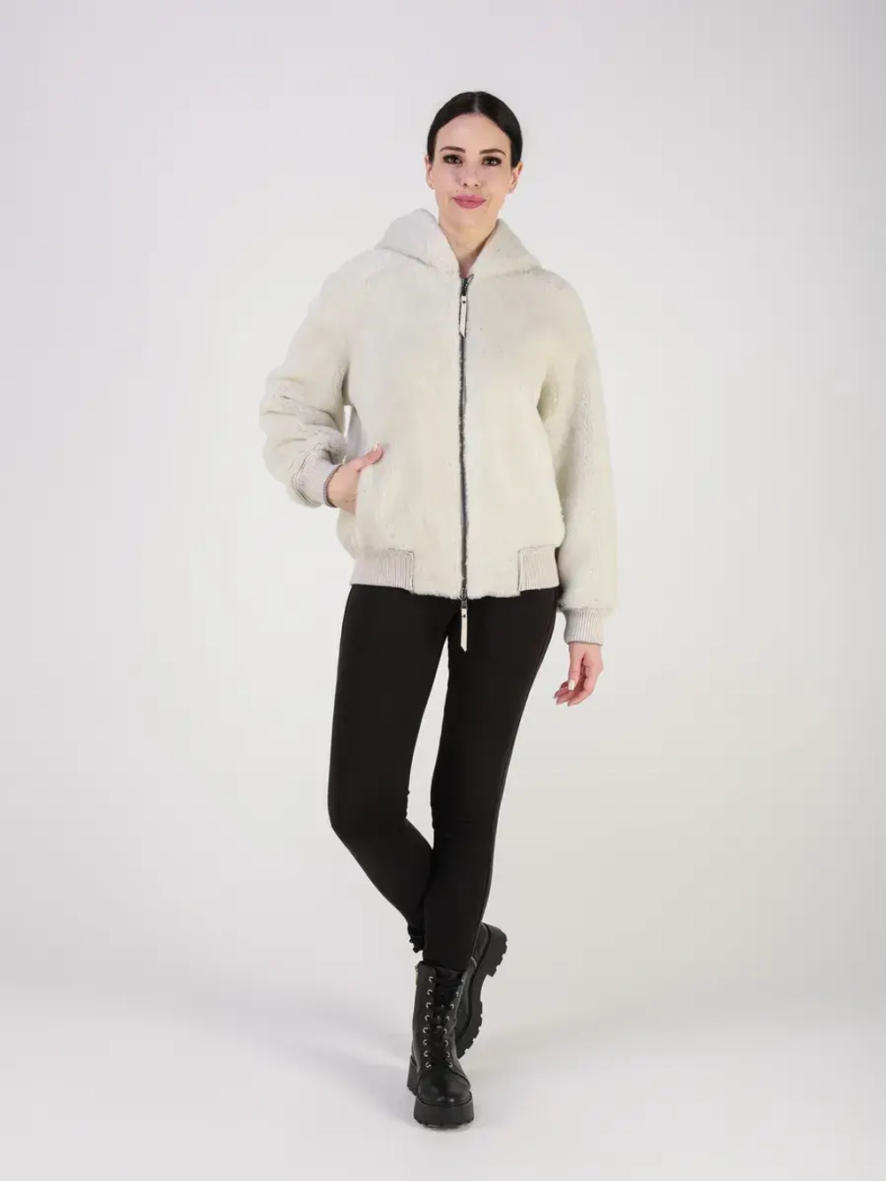 Двусторонняя дубленка зимняя шуба натуральная с капюшоном