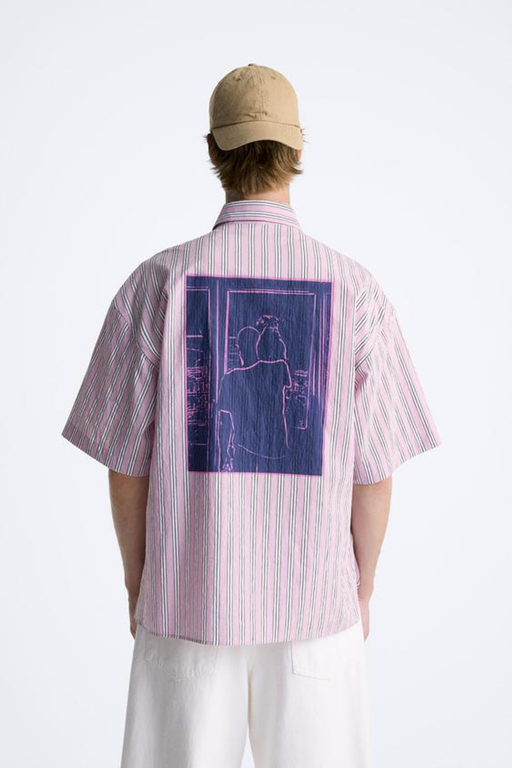 ZARA РУБАШКА В ПОЛОСКУ С КОНТРАСТНЫМ ПРИНТОМ, РОЗОВЫЙ