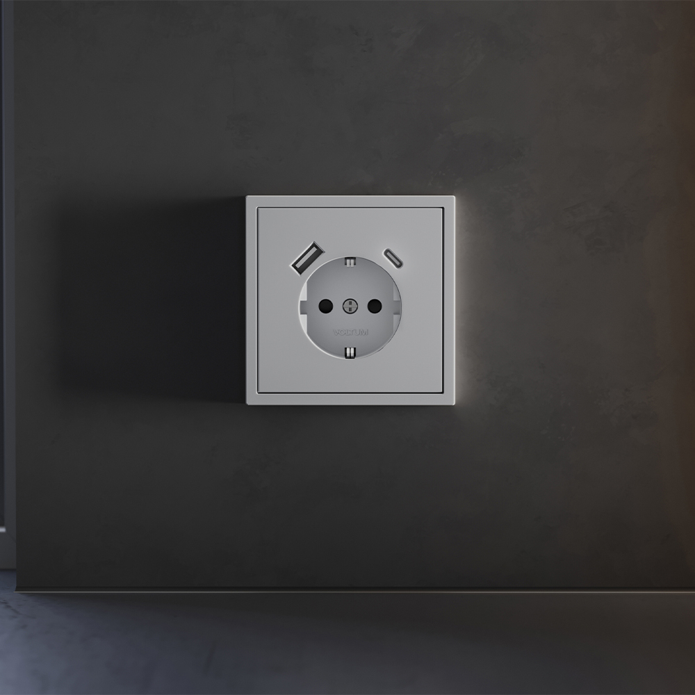 Накладка для розетки с заземлением и защитными шторками, с USB A+C, S70 (серый)