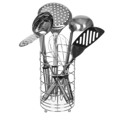 Набор кухонных принадлежностей 7 пр, нерж сталь, в метал корзине, Daniks, D-007/YW-KT006B