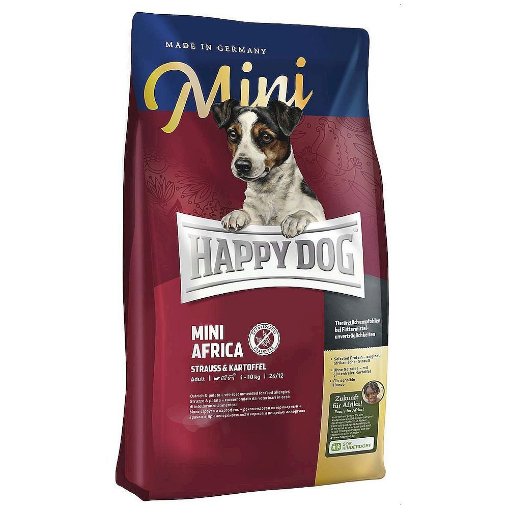 Сухой корм Happy Dog Mini Africa для собак мелких пород с мясом страуса, монобелковый, пакет 300г