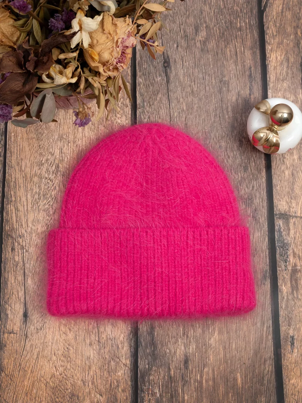 шапка вязаная бини ангора теплая демисезонная с отворотом