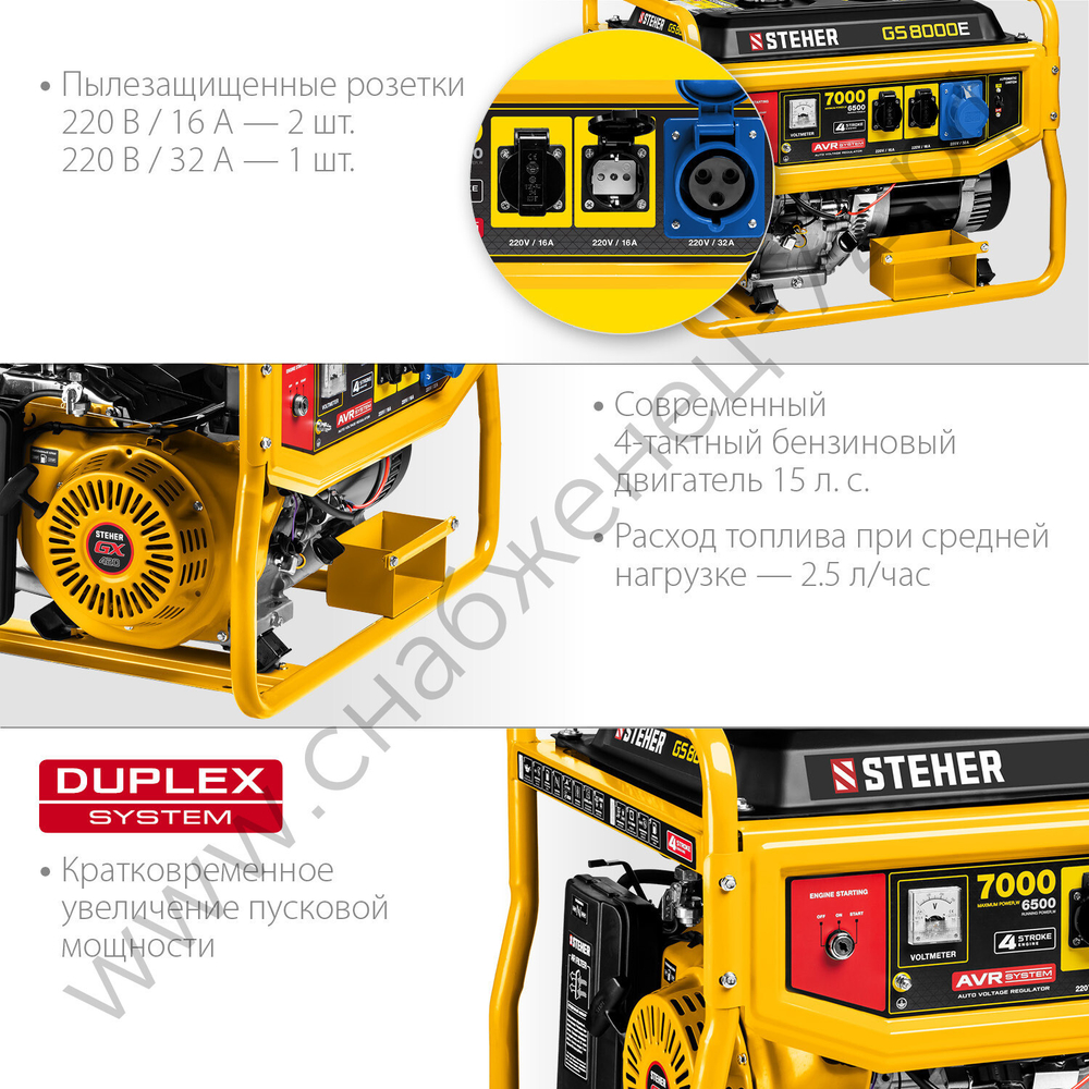 STEHER 7000 Вт, бензиновый генератор с электростартером (GS-8000E)