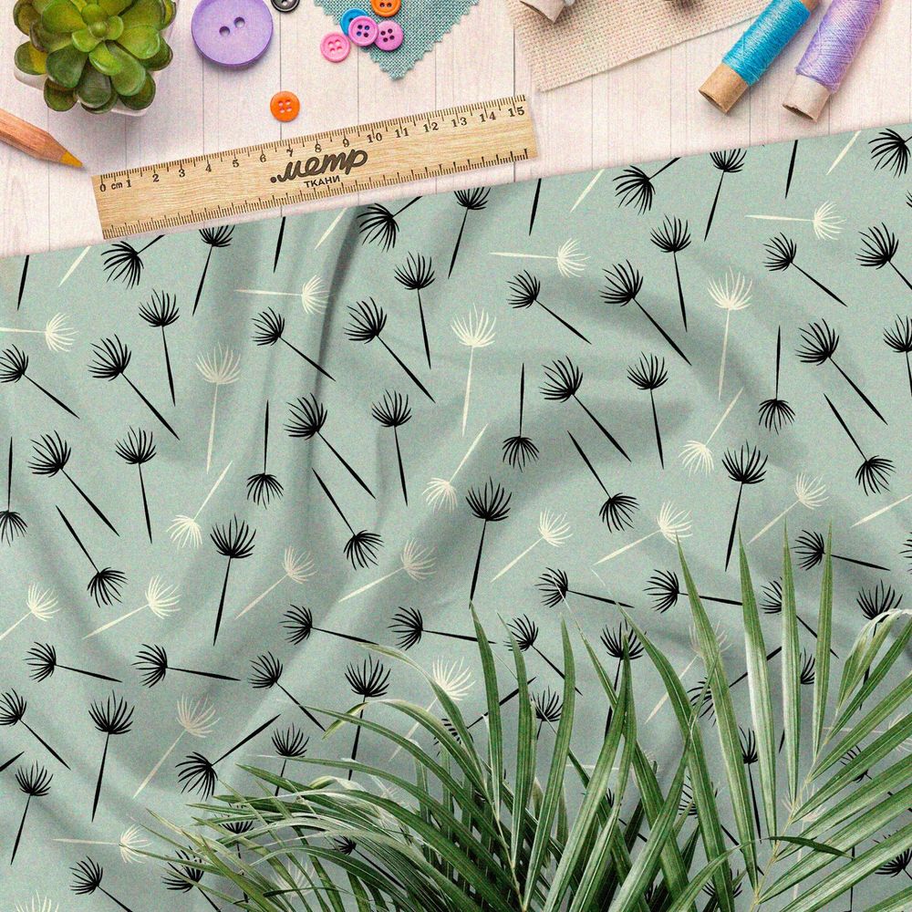 Ткань барби пустые одуванчики на зелёном фоне