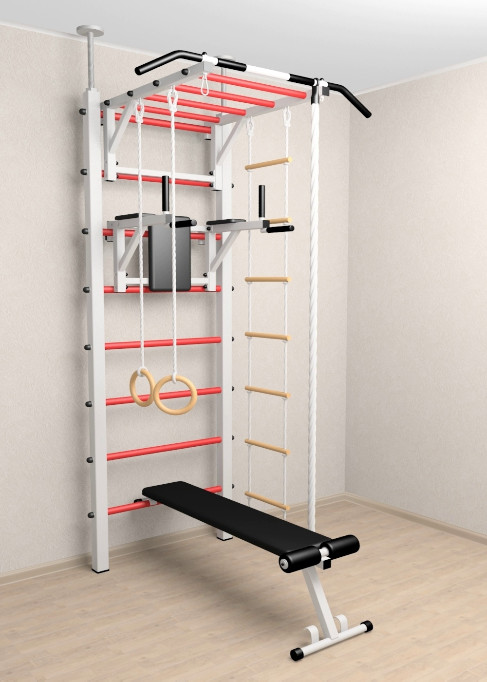 Шведская стенка Sv Sport враспор (Турник рукоход/Брусья/Скамья/Канат/Кольца/Лестница)