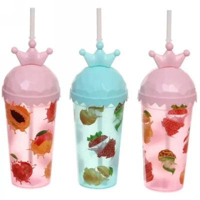 Стакан пластиковый 400мл «Экзотические фрукты» с трубочкой