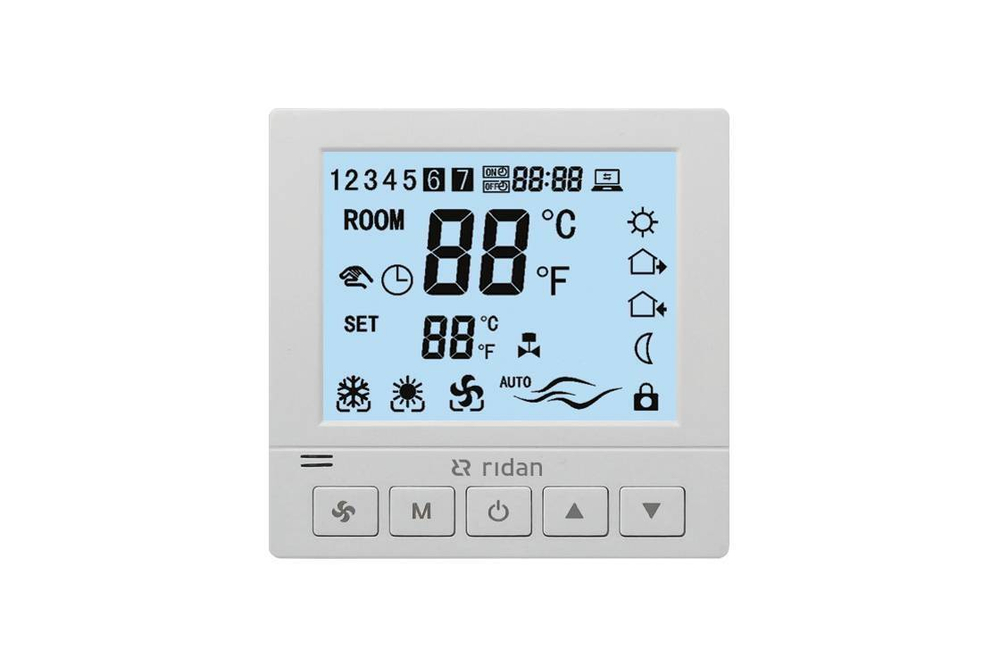 Термостат комнатный Greencon-R, 230В, 3 скорости вентилятора, RS485 Modbus, встраиваемый, Ридан 193B0942R