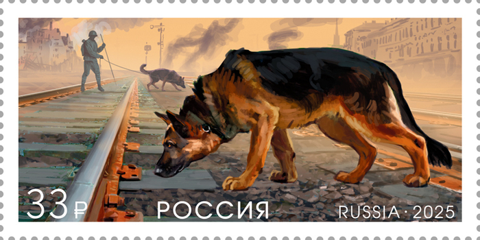 Марка номиналом 33 рубля. Серия «К 80-летию Победы в Великой Отечественной войне». Собаки