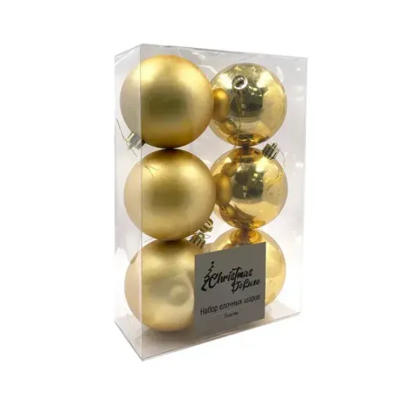 Набор пластиковых шаров Парис 80 мм., золото, 6 шт., Christmas DeLuxe (87563)