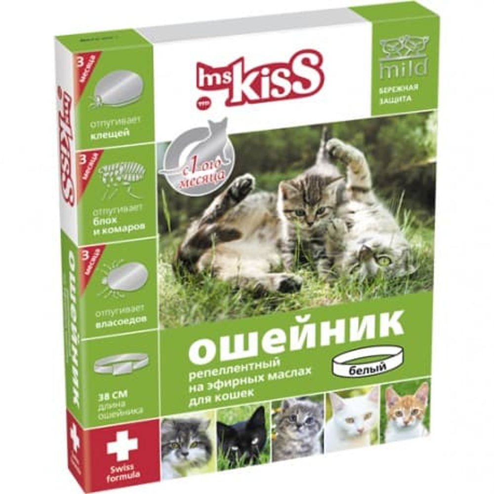 Ms.Kiss ошейник репеллентный а/паразит. (3мес), 38см белый д/кошек