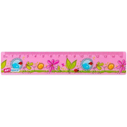Линейка 15см, пластиковая, непрозрачная, с рисунком Цветочки, Спейс