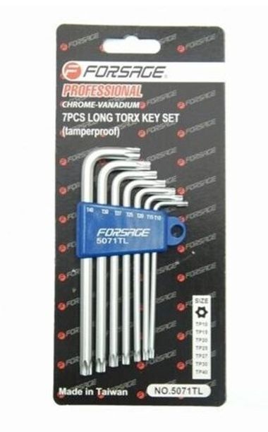 Набор ключей TORX Г-образных экстра длинных с отверстием 7пр.(Т10Н,Т15Н,Т20Н,Т25Н,Т27Н,Т30Н,Т40Н) в пластиковом держателе Forsage F-5071TXL