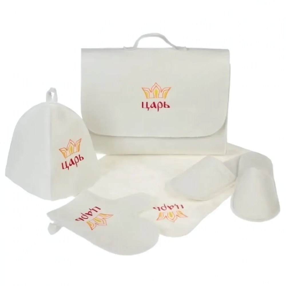 Набор «Портфель» 5 пр. белый с 2 выш.»Царь» новая (портф,шапка с/в ,варежка,коврик,тапочки б/в)
