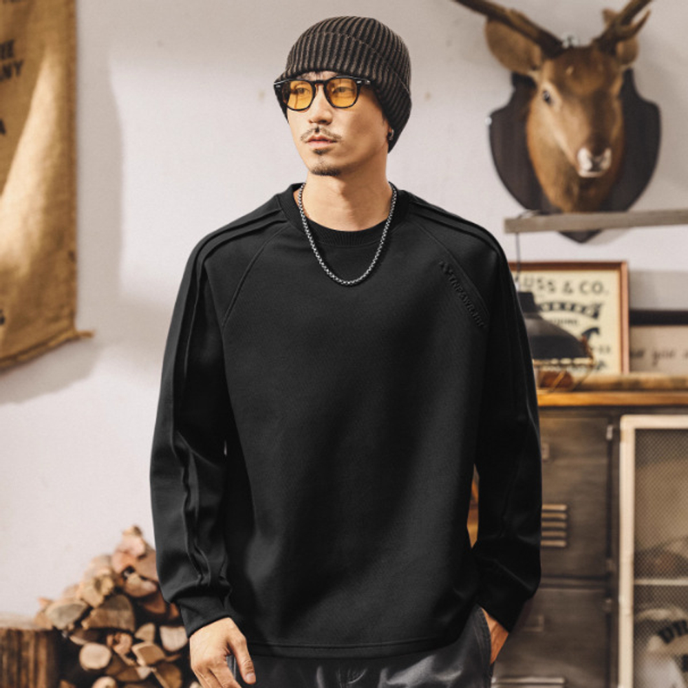 Мужская футболка в американском ретро-стиле, плотная (300 г), с длинным рукавом, новая модель осень, свитшот с круглым вырезом, свободный крой, для весны и осени.