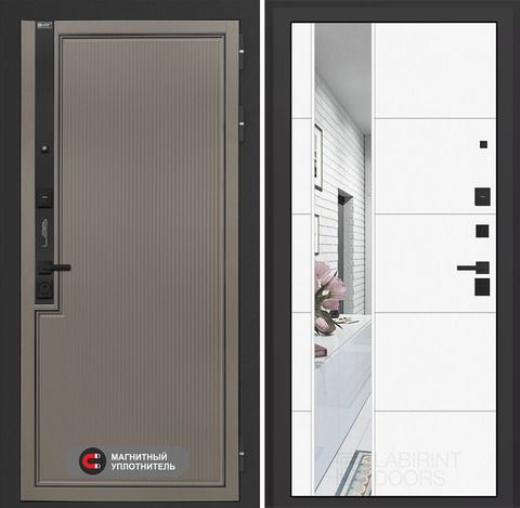 Входная дверь в квартиру Лабиринт Лаб про 1 Велютто кофе с зеркальной вставкой 19 Белый софт (без текстуры)