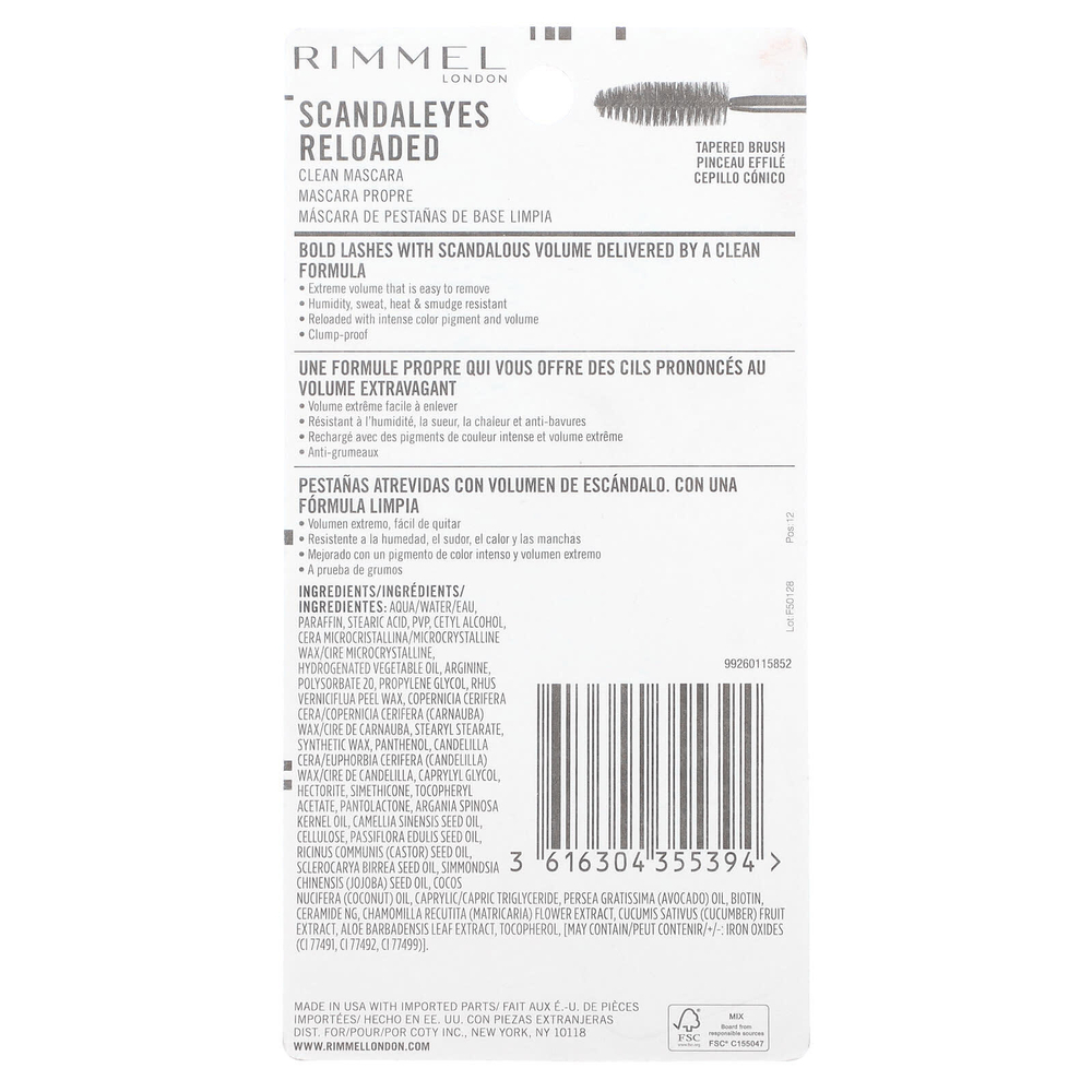 Rimmel London, Scandaleyes, Rechargeed, тушь для ресниц, оттенок 001 насыщенный черный, 12 мл (0,40 жидк. унции)