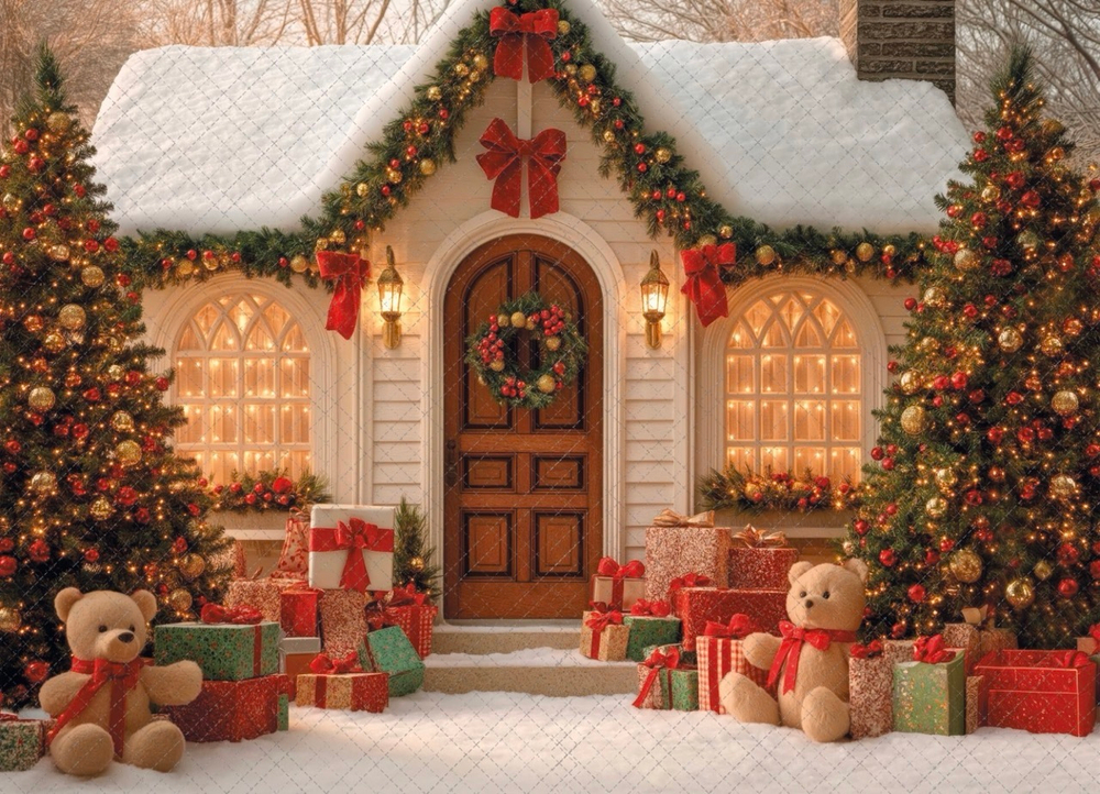 Домик зима 10.25 с мишками- фон неопреновый