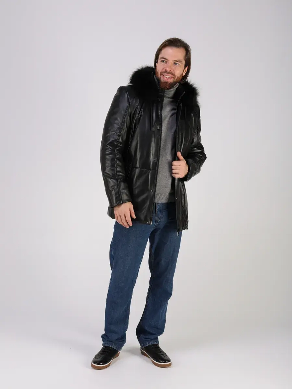 Куртка зимняя кожаная с капюшоном пуховик