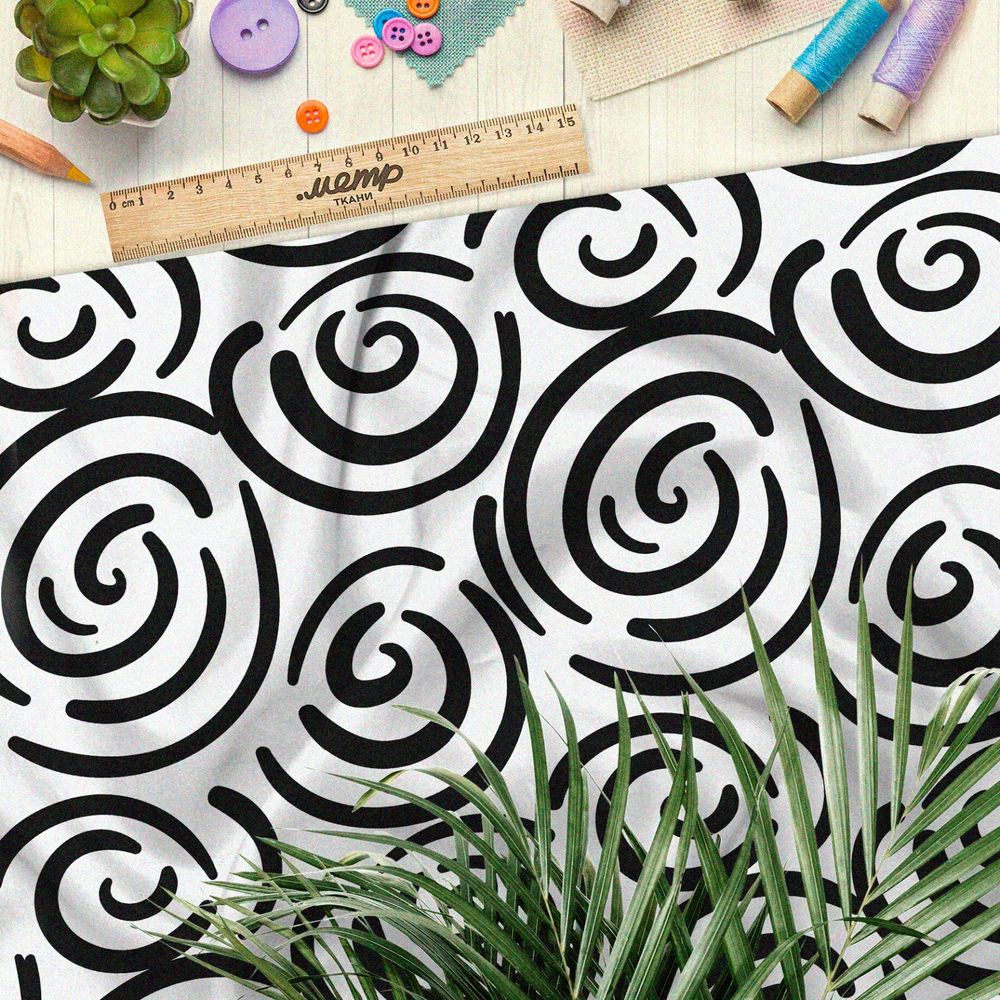 Ткань дюспо чёрные круговые узоры на бежевом фоне