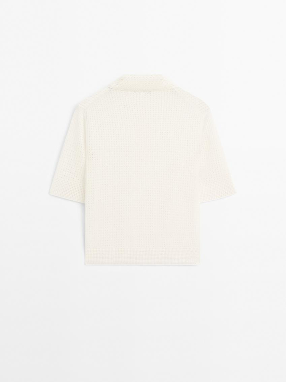 Massimo Dutti Свитер ажурной вязки с воротником поло, натуральный, кремовый