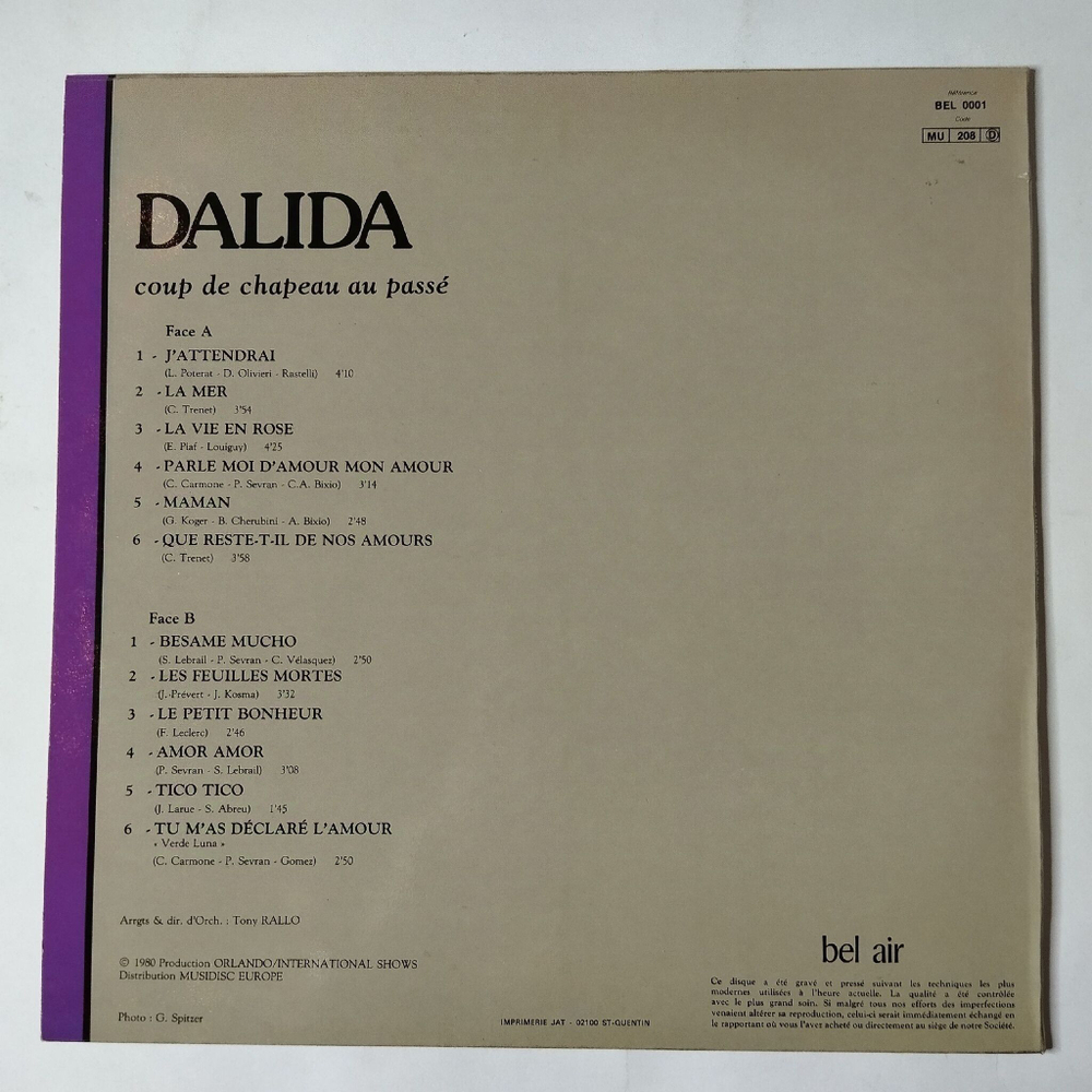 Винтажная виниловая пластинка LP Dalida Coup De Chapeau Au Passe (France 1980) Besame Mucho