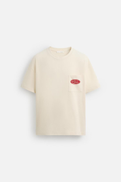 ZARA ФУТБОЛКА С КОНТРАСТНЫМ ПРИНТОМ, ПЕСОЧНЫЙ