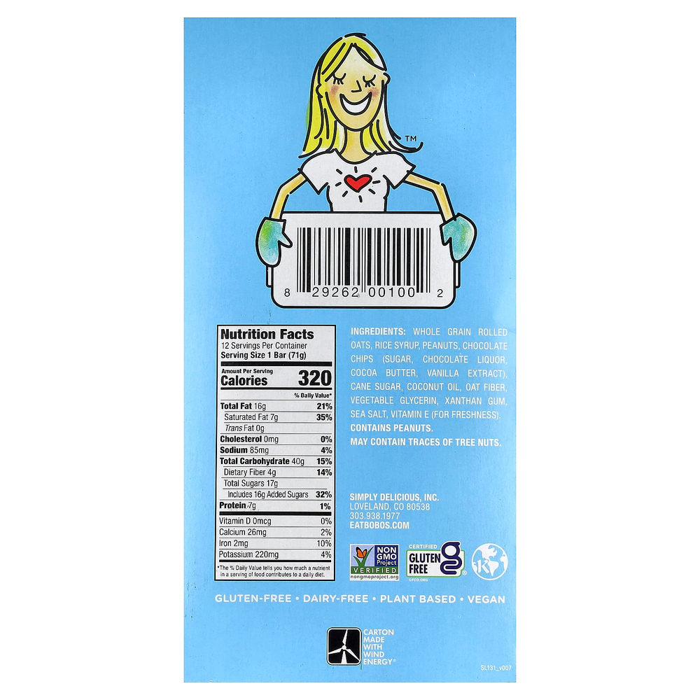 Bobo's Oat Bars, Овсяные батончики с арахисовой пастой и шоколадной крошкой, 12 батончиков по 70,8 г (2,5 унции)