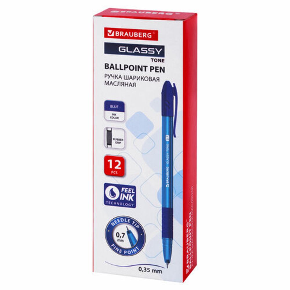 Ручка шариковая масляная с грипом BRAUBERG GLASSY TONE, СИНЯЯ, узел 0,7 мм, линия письма 0,35 мм, 144108