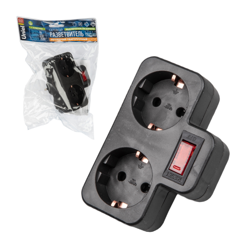S-GES2-16PB BLACK Разветвитель сетевой с выключателем, с/з. 2 гнезда. 16А, 3500Вт. Черный. ТМ Uniel