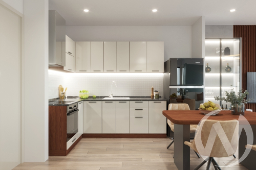 Кухня "Витория": ваниль глянец (корпус дуб кальяри)