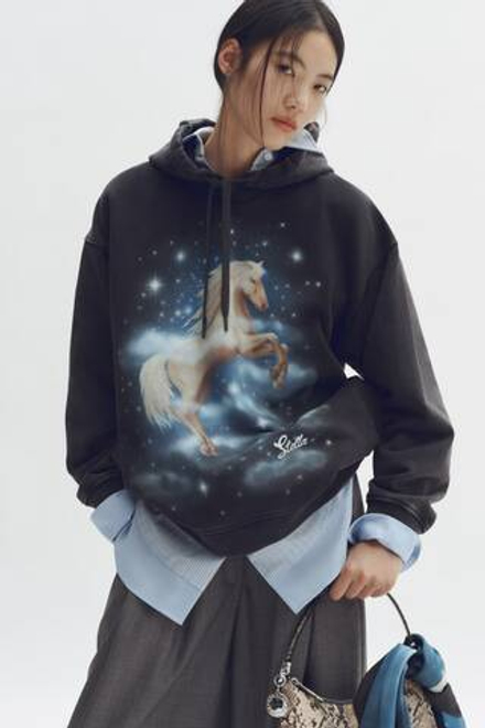 H&M - Stella McCartney Хлопковая толстовка с капюшоном и принтом, черный