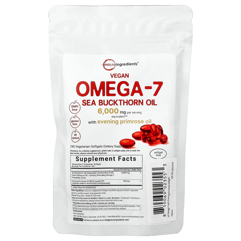 Micro Ingredients, веганское облепиховое масло с омега-7 и маслом примулы вечерней, 240 вегетарианских капсул