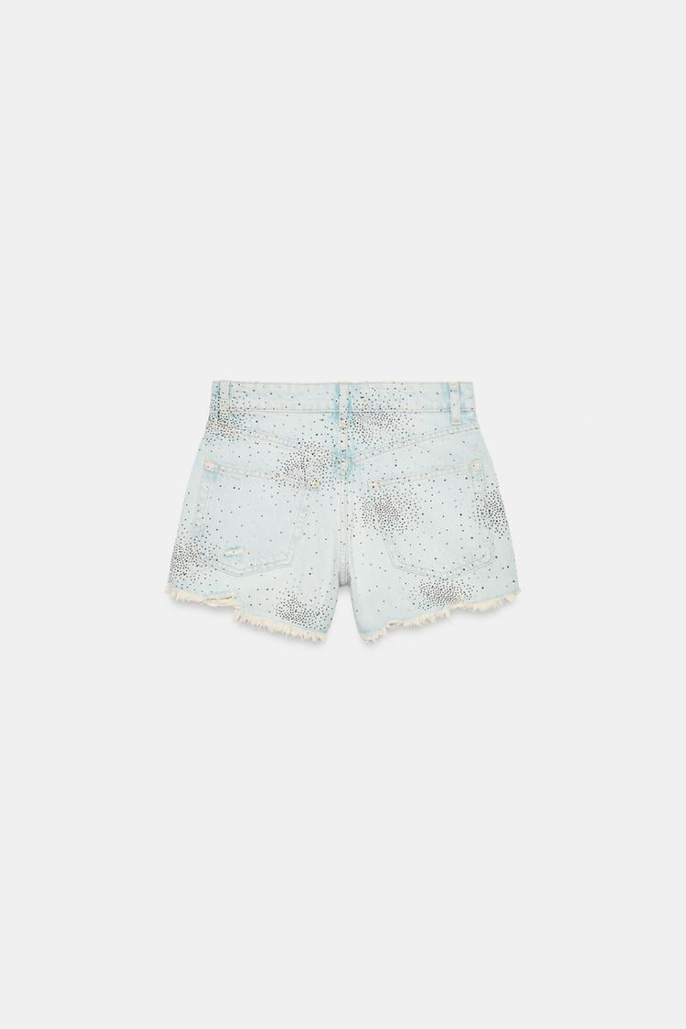ZARA ДЖИНСОВЫЕ ШОРТЫ С ВЫСОКОЙ ПОСАДКОЙ, РАЗРЕЗАМИ И БЛЕСКОМ, ГОЛУБОЙ