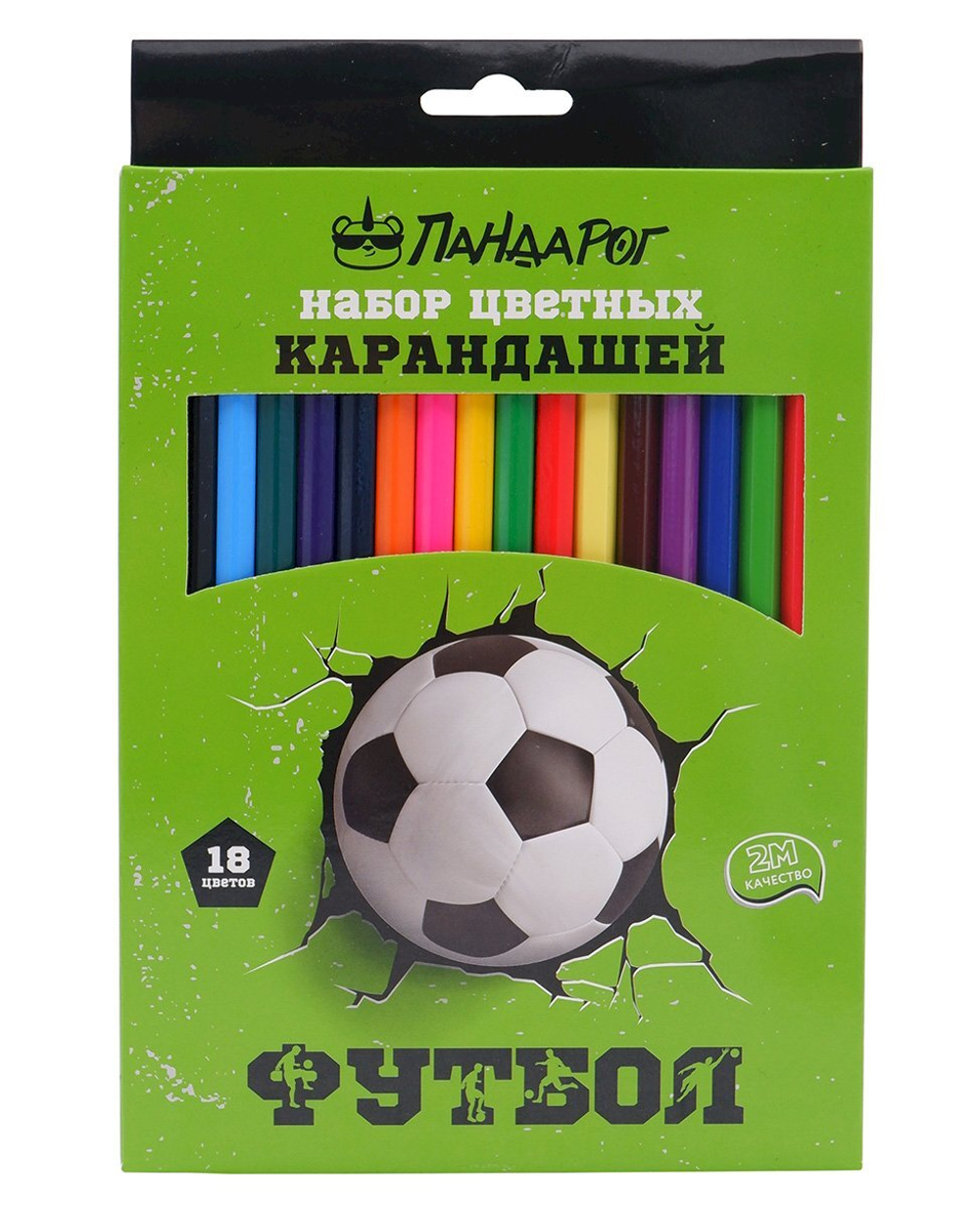 Карандаши цветные ПандаРог Футбол, 18 цветов, деревянные, шестигранные
