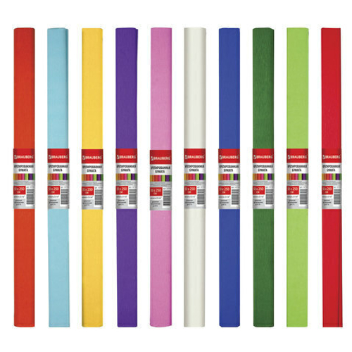 Цветная бумага крепированная плотная, ассорти 10 цветов, растяжение до 45%, 32 г/м2, BRAUBERG, 50х25