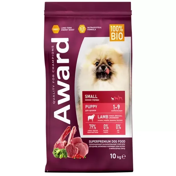 Сухой корм AWARD для щенков от 1 мес, беременных и кормящих сук мелких и миниатюрных пород с ягненком и индейкой с добавлением брокколи и брусники