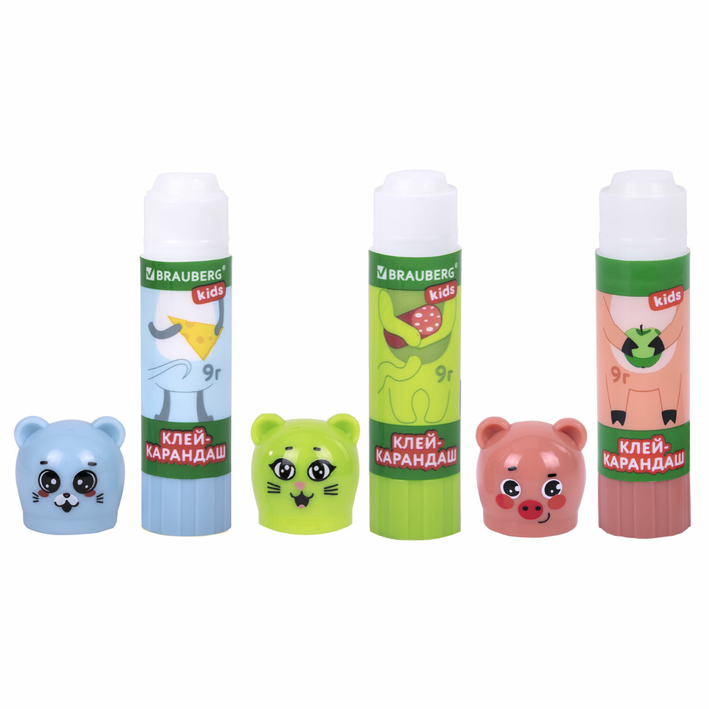 Клей-карандаш «Зверята: кошка, мышка, хрюшка», 9 г, фигурный колпачок, 3 шт./блистер, BRAUBERG KIDS.