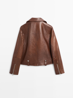 Massimo Dutti Куртка в байкерском стиле из кожи наппа, коричневый