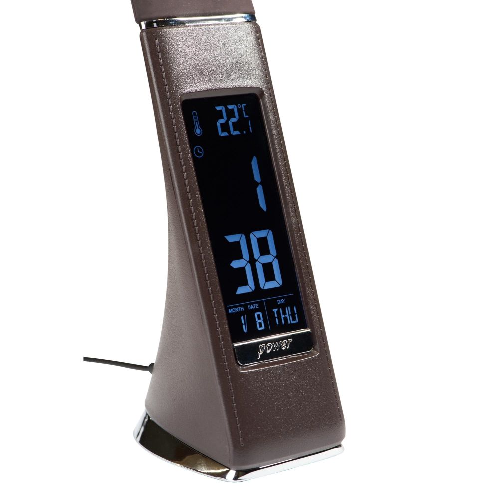 TLD-542 Brown-LED-300Lm-5000K-Dimmer Светильник настольный c часами. календарем. термометром. 5W. Сенсорный выключатель. Коричневый стилизован под кожу. TM Uniel.